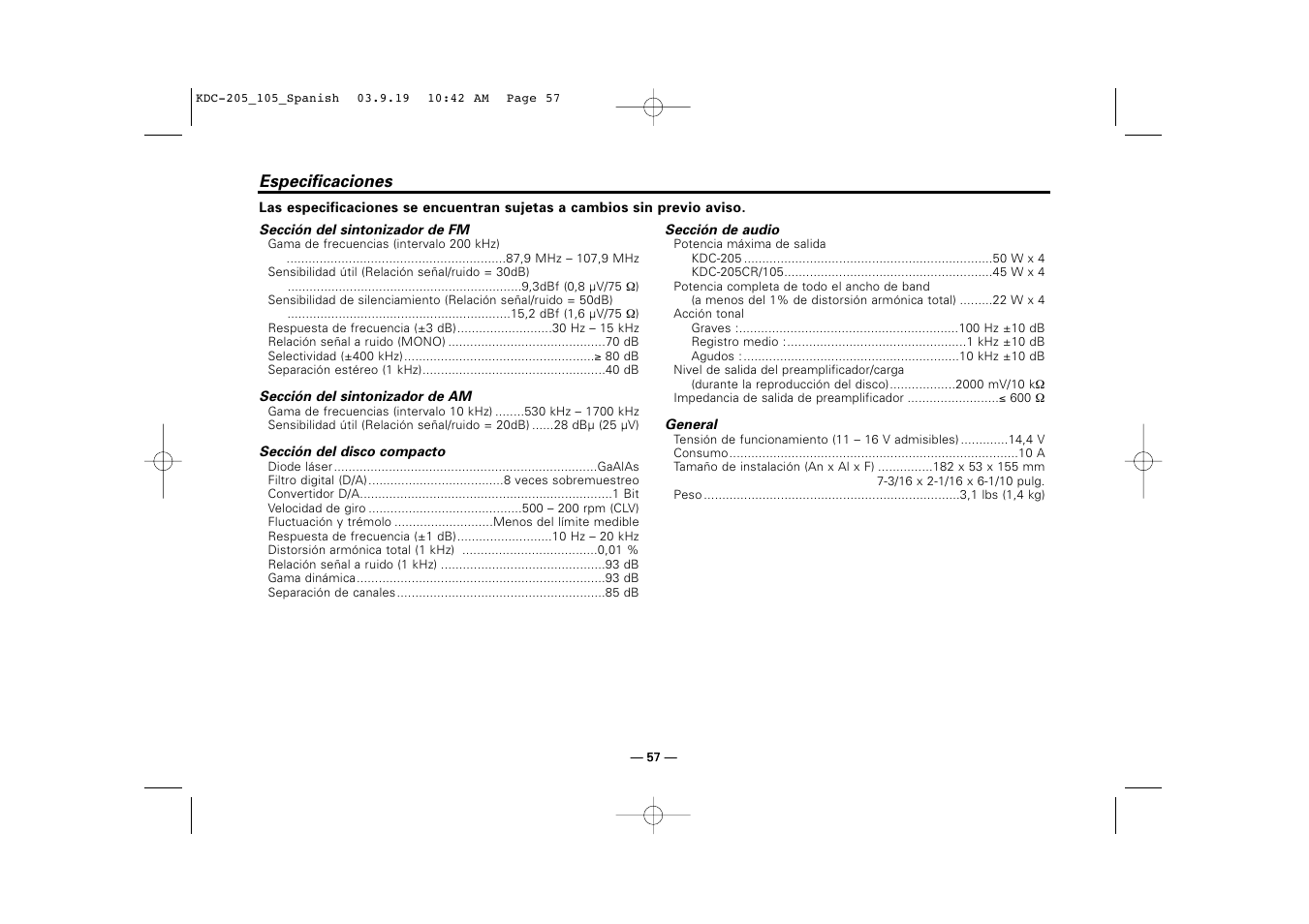 Especificaciones | Kenwood KDC-205 User Manual | Page 57 / 76