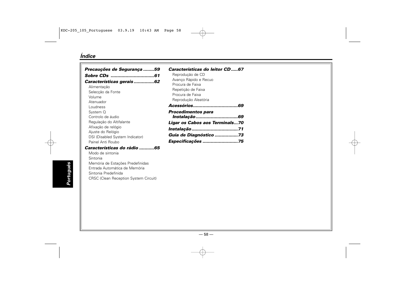 Portugues, Indice | Kenwood KDC-205 User Manual | Page 58 / 76