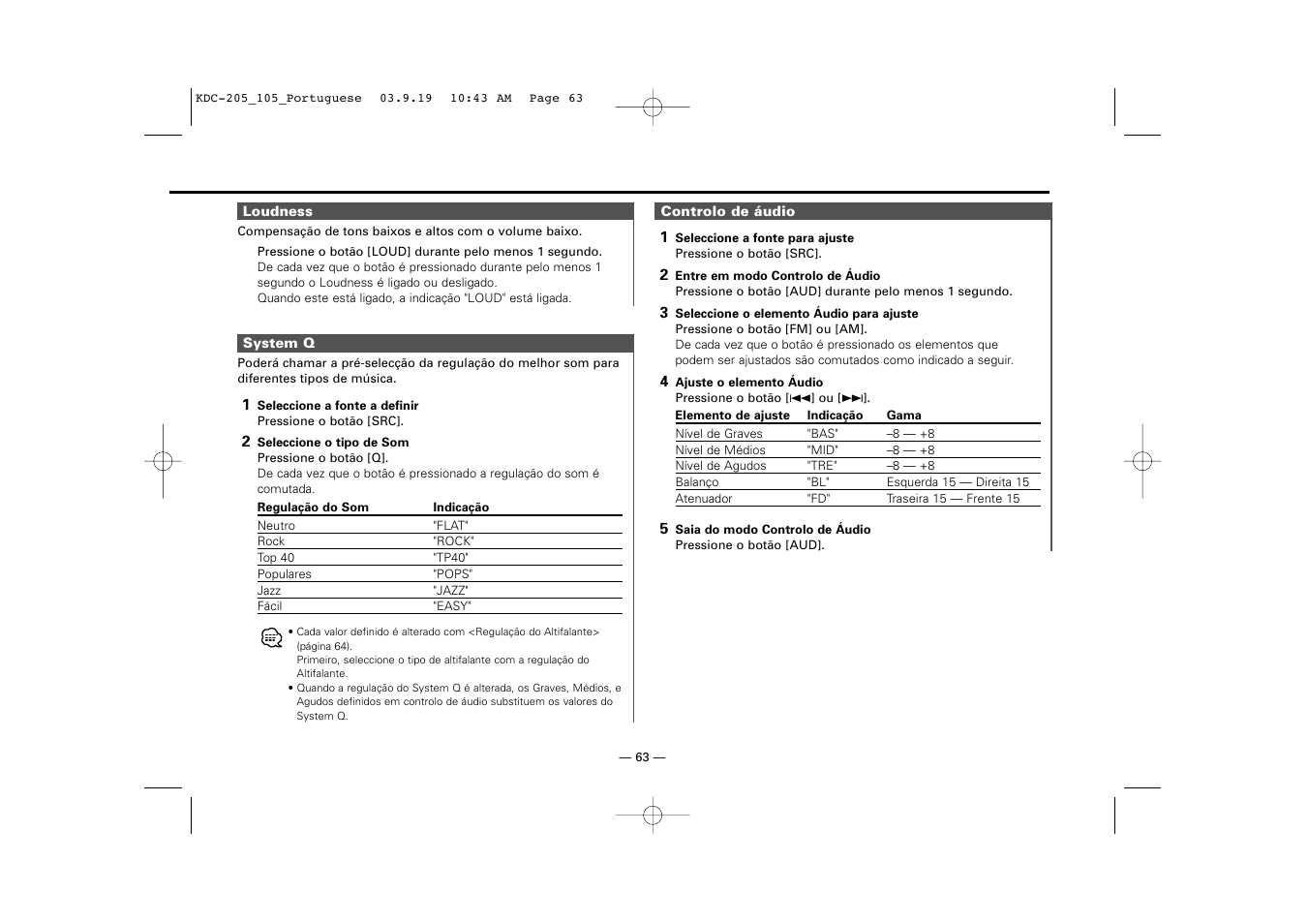 Loudness, System q, Controlo de audio | Kenwood KDC-205 User Manual | Page 63 / 76