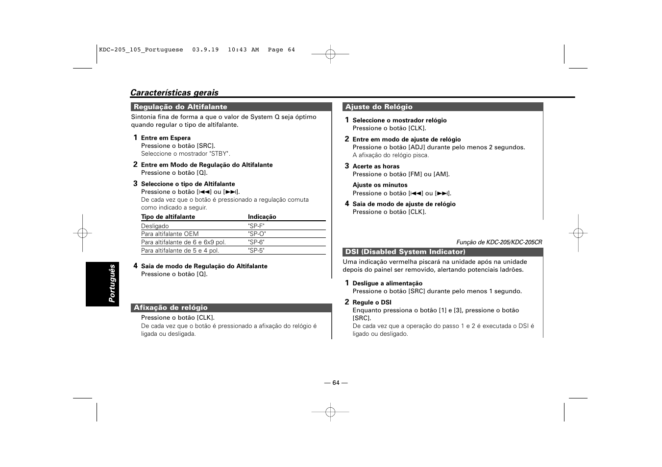 Regulacao do altifalante, Afixacao de relogio, Ajuste do relogio | Dsi (disabled system indicator) | Kenwood KDC-205 User Manual | Page 64 / 76