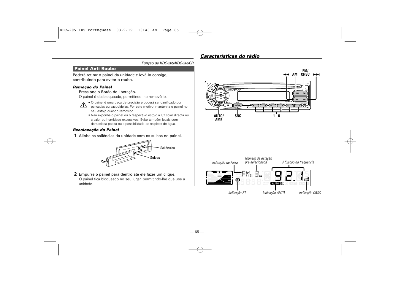 Painel anti roubo, Caracteristicas do radio, Características do rádio | Kenwood KDC-205 User Manual | Page 65 / 76