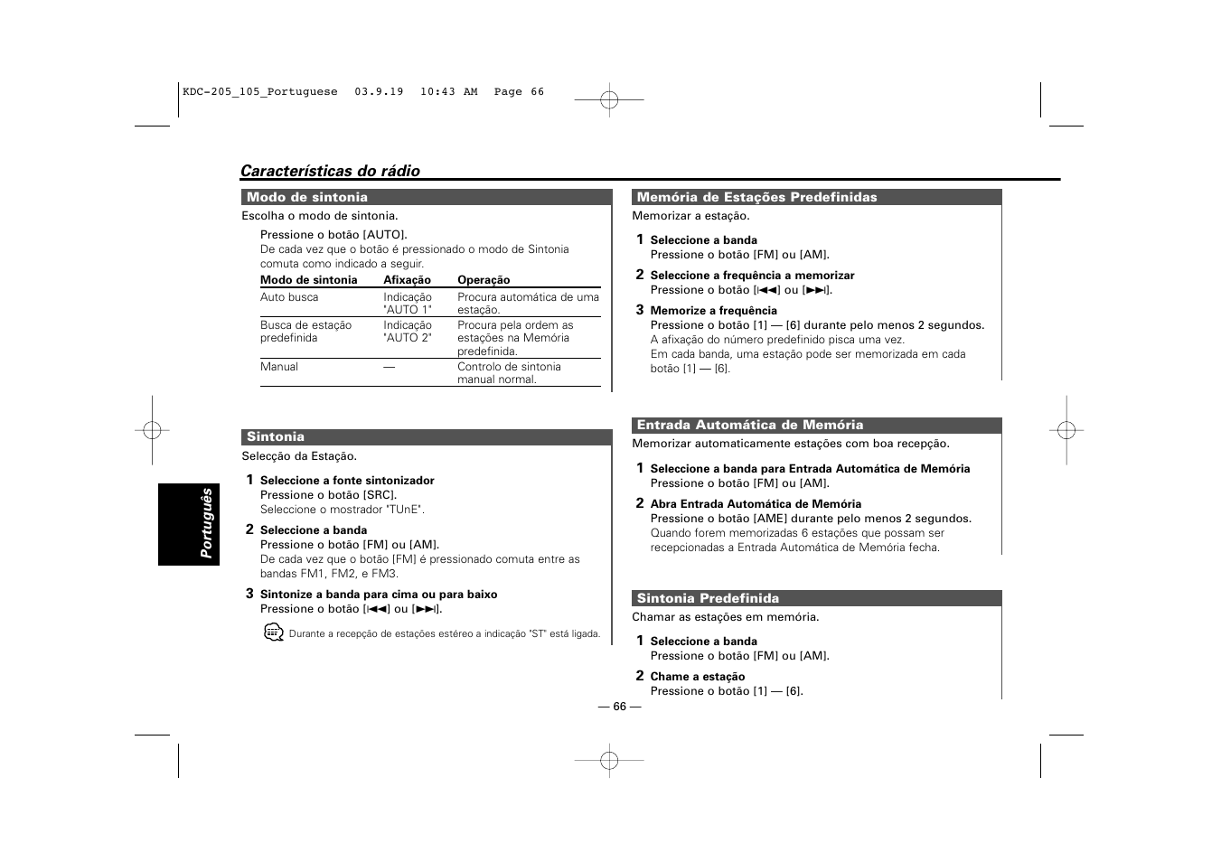 Modo de sintonia, Sintonia, Memoria de estacoes predefinidas | Entrada automatica de memoria, Sintonia predefinida | Kenwood KDC-205 User Manual | Page 66 / 76