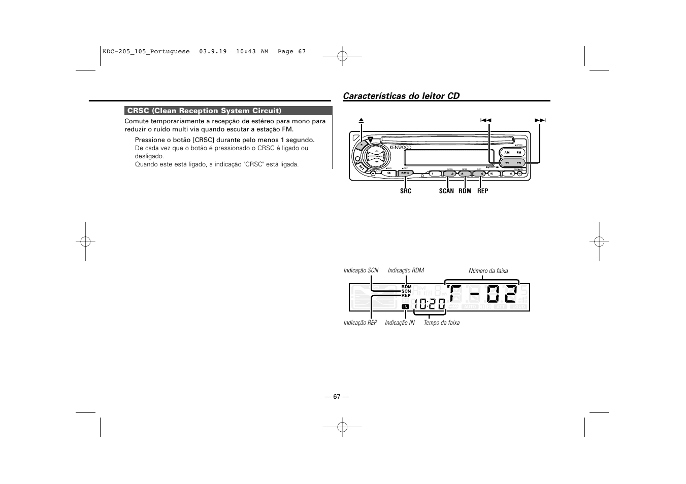 Crsc (clean reception system circuit), Caracteristicas do leitor cd, Características do leitor cd | Kenwood KDC-205 User Manual | Page 67 / 76