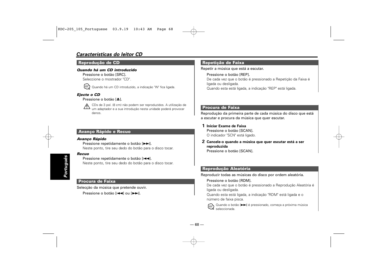 Reproducao de cd, Avanco rapido e recuo, Procura de faixa | Repeticao de faixa, Reproducao aleatoria | Kenwood KDC-205 User Manual | Page 68 / 76