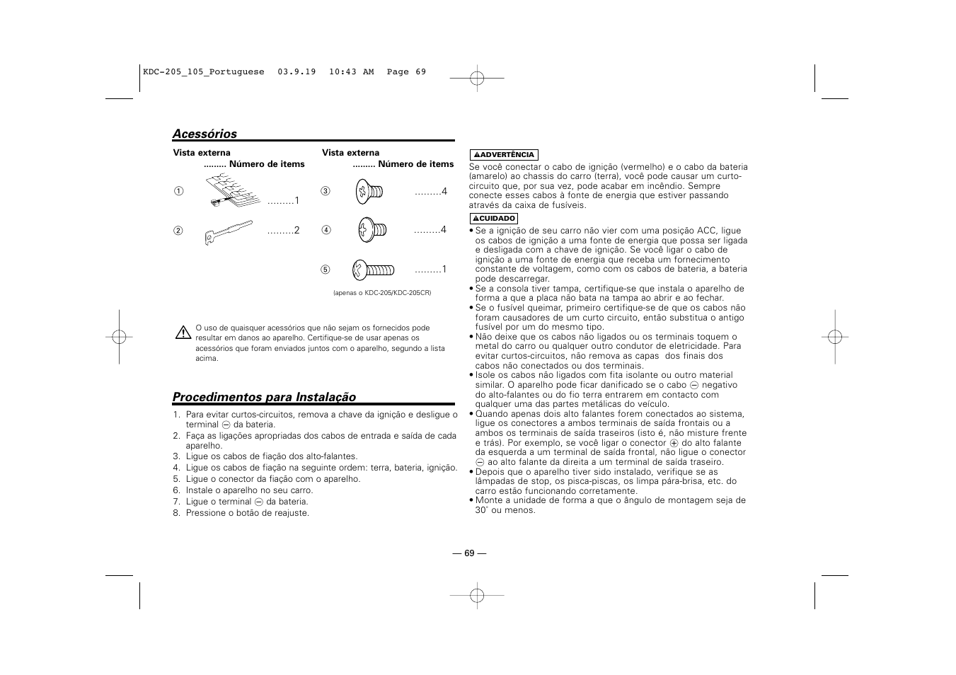 Acessorios, Procedimentos para instalacao | Kenwood KDC-205 User Manual | Page 69 / 76