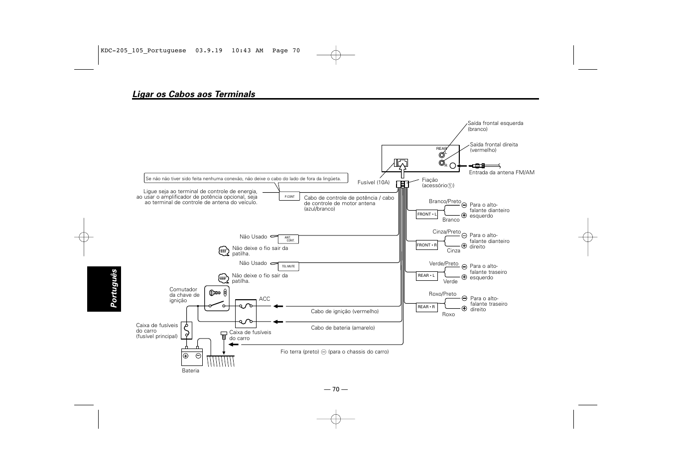 Ligar os cabos aos terminals, Português | Kenwood KDC-205 User Manual | Page 70 / 76