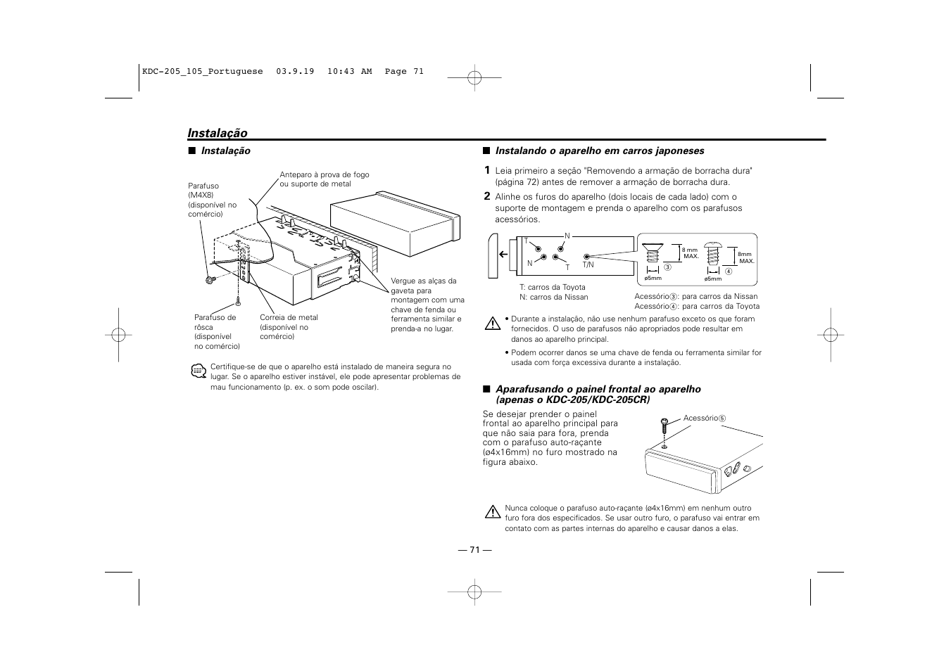 Instalacao, Instalação | Kenwood KDC-205 User Manual | Page 71 / 76