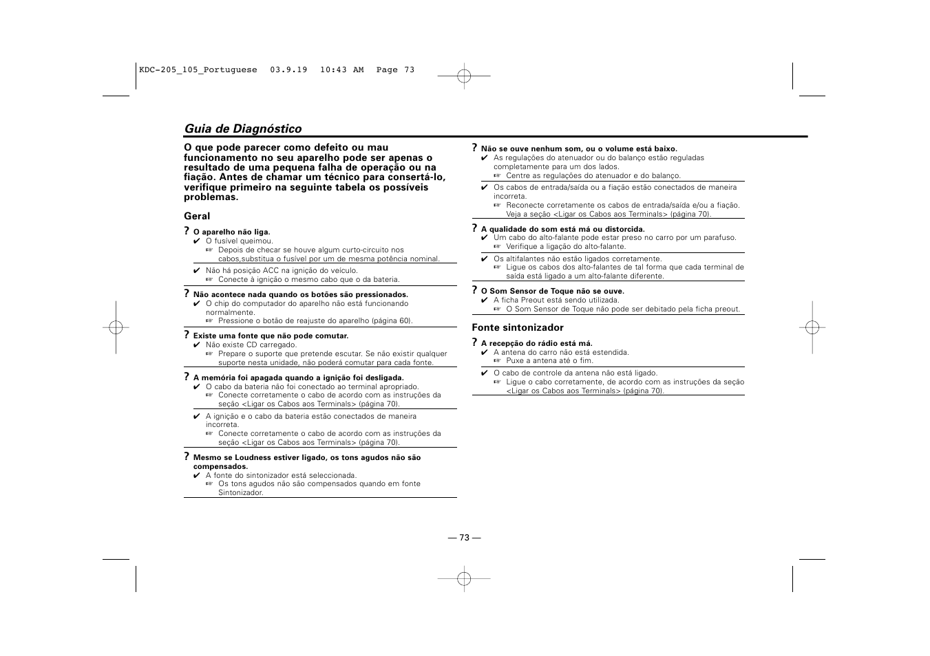 Guia de diagnostico, Guia de diagnóstico | Kenwood KDC-205 User Manual | Page 73 / 76