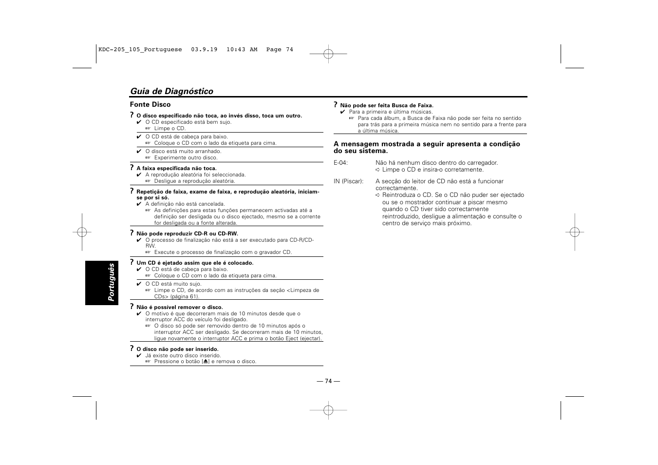 Guia de diagnóstico | Kenwood KDC-205 User Manual | Page 74 / 76