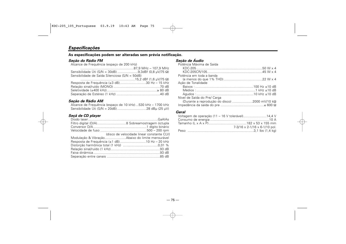 Especificacoes | Kenwood KDC-205 User Manual | Page 75 / 76