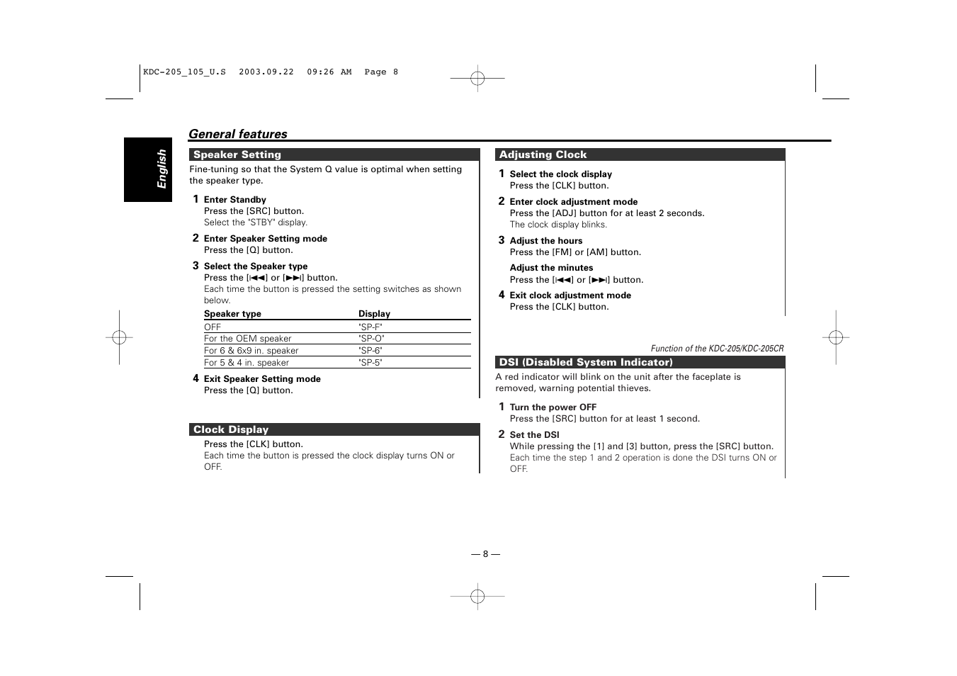 Speaker setting, Clock display, Adjusting clock | Dsi (disabled system indicator) | Kenwood KDC-205 User Manual | Page 8 / 76