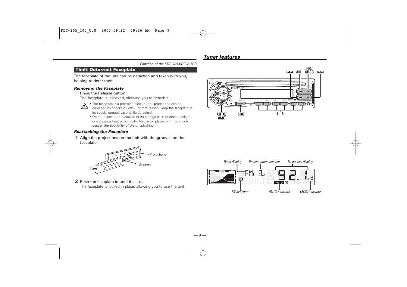 Theft deterrent faceplate, Tuner features | Kenwood KDC-205 User Manual | Page 9 / 76