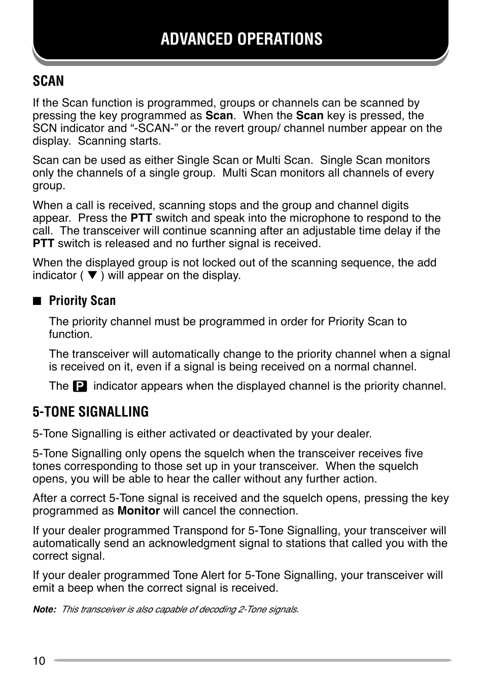 Advanced operations, Scan, Tone signalling | Kenwood TK-880 User Manual | Page 14 / 20