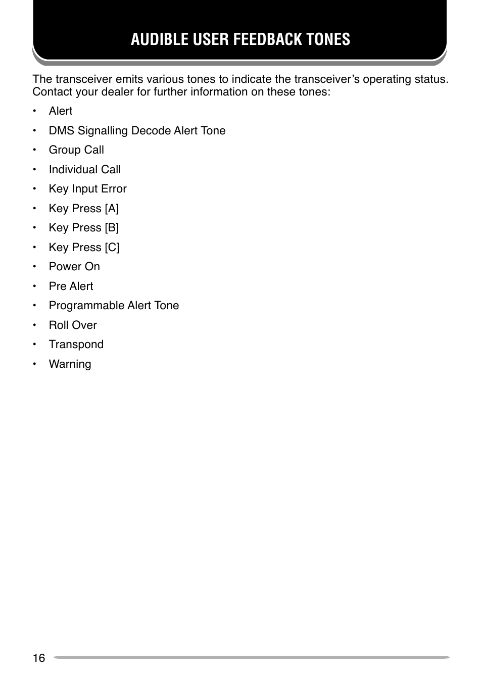 Audible user feedback tones | Kenwood TK-880 User Manual | Page 20 / 20