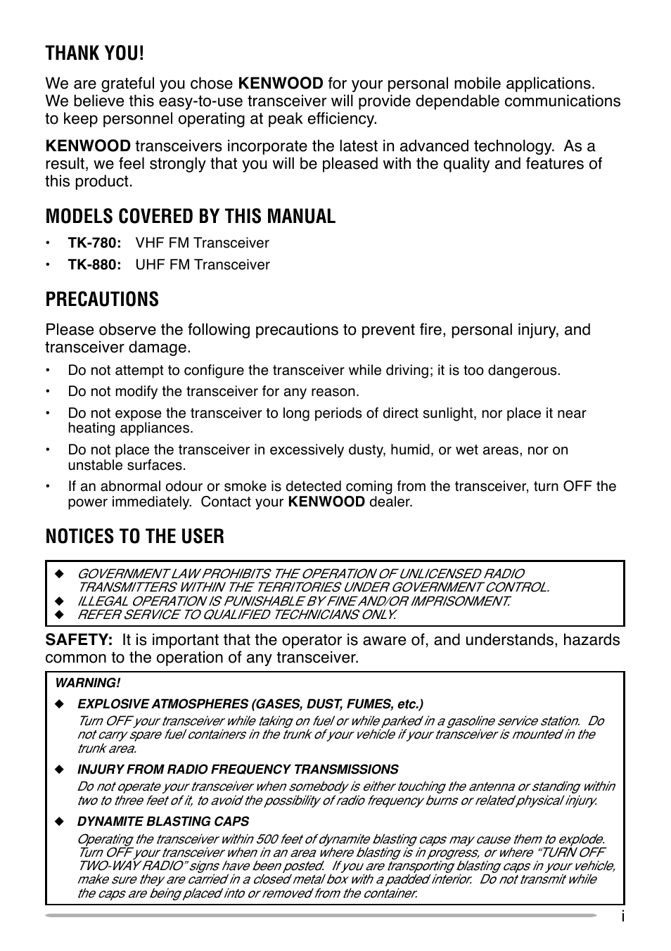 Models covered by this manual, Precautions, Notices to the user | Kenwood TK-880 User Manual | Page 3 / 20