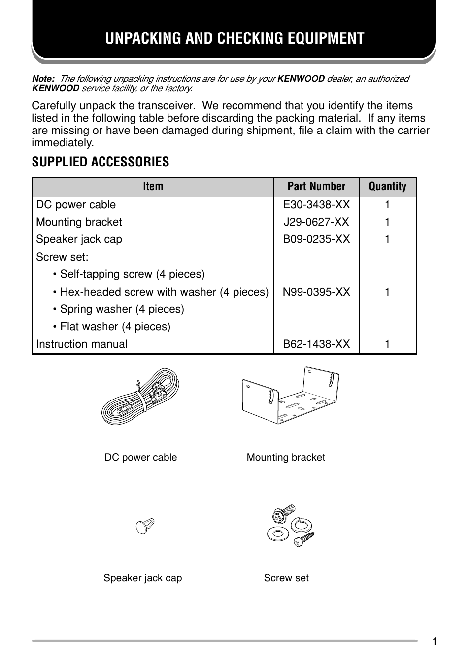 Unpacking and checking equipment, Supplied accessories | Kenwood TK-880 User Manual | Page 5 / 20