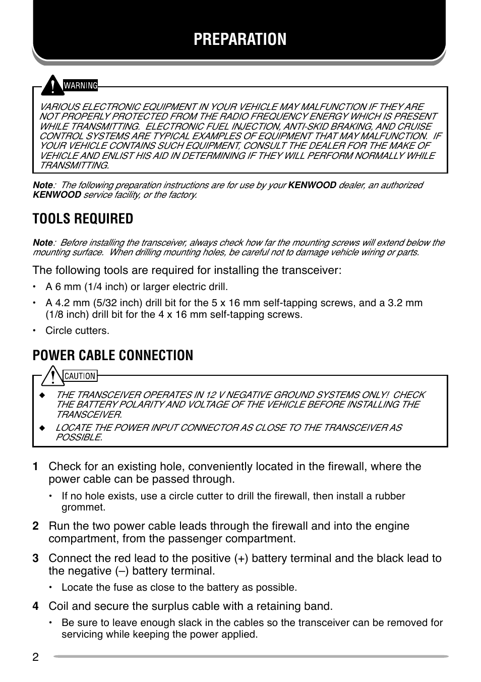 Preparation, Tools required, Power cable connection | Kenwood TK-880 User Manual | Page 6 / 20