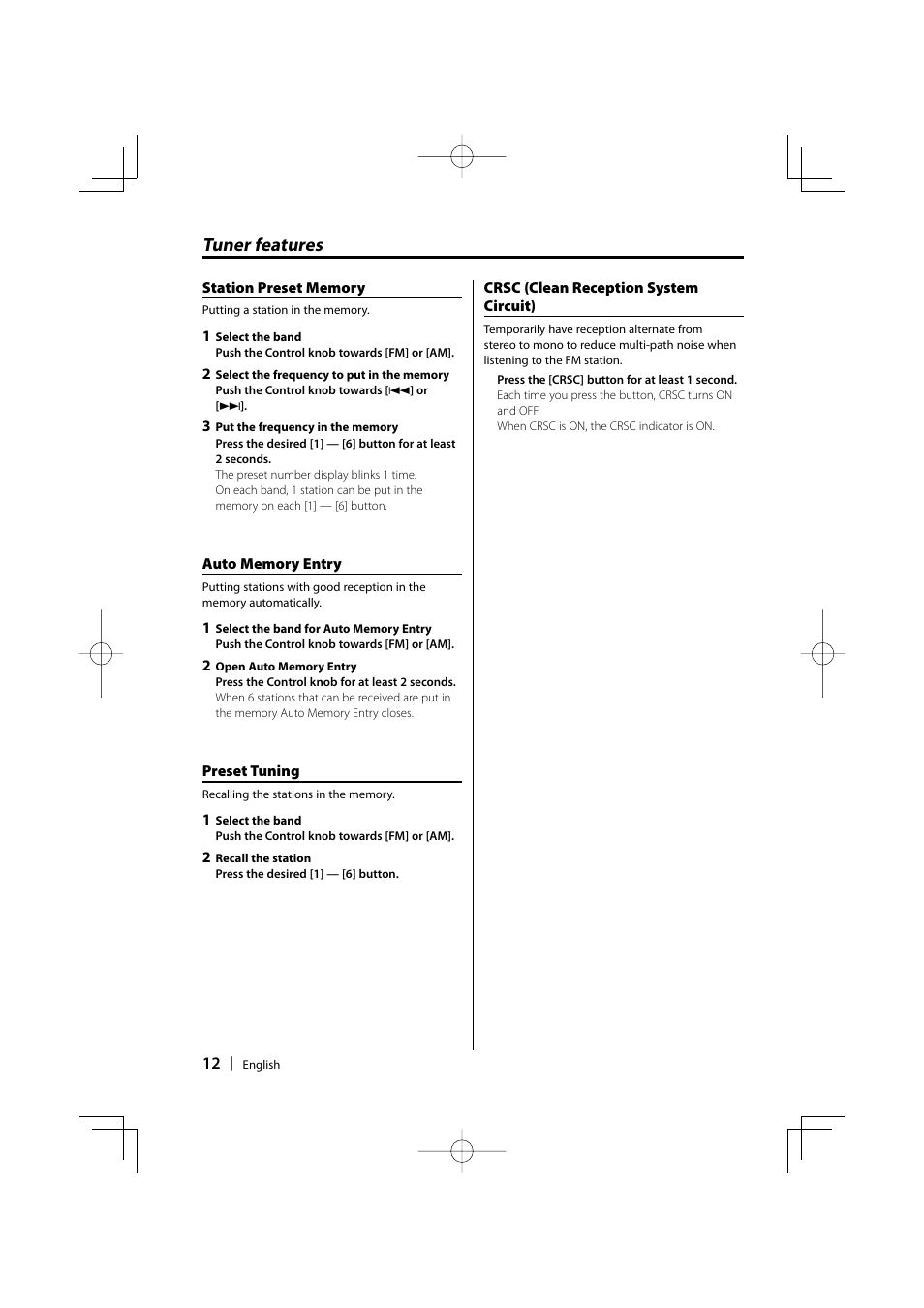 Tuner features | Kenwood KDC-1032 User Manual | Page 12 / 22