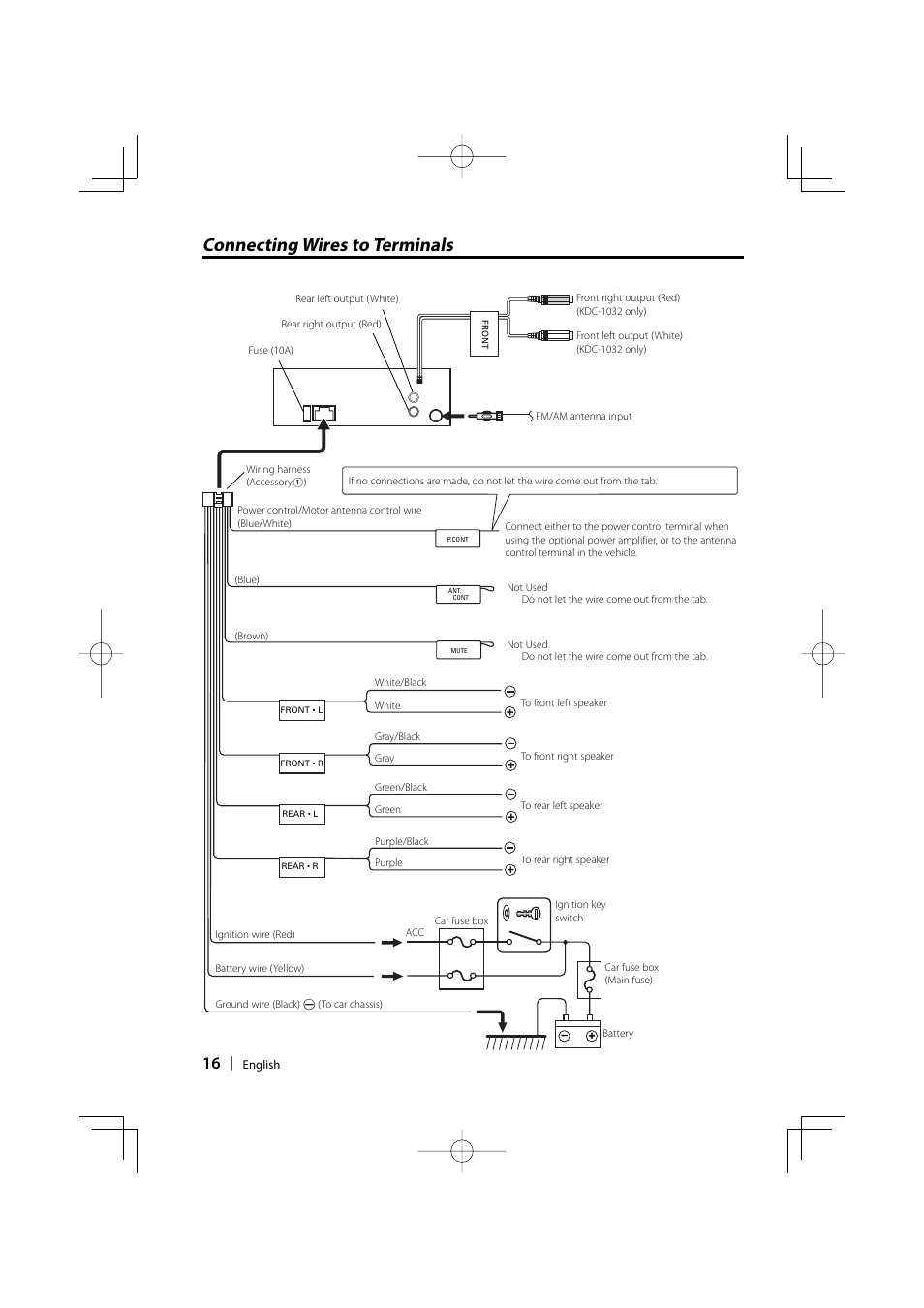 Connecting wires to terminals | Kenwood KDC-1032 User Manual | Page 16 / 22