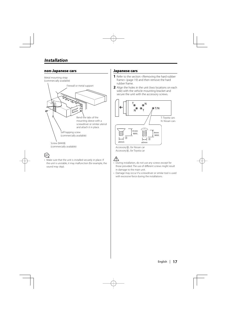 Installation, Non-japanese cars japanese cars 1 | Kenwood KDC-1032 User Manual | Page 17 / 22