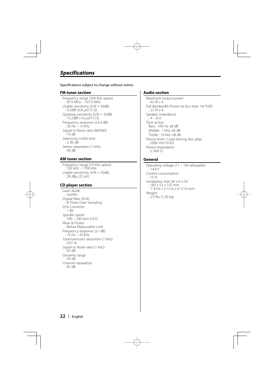 Specifications | Kenwood KDC-1032 User Manual | Page 22 / 22