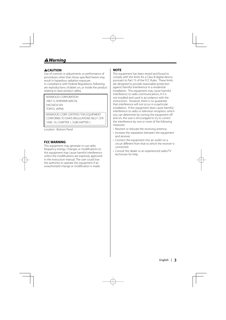 2 warning | Kenwood KDC-1032 User Manual | Page 3 / 22