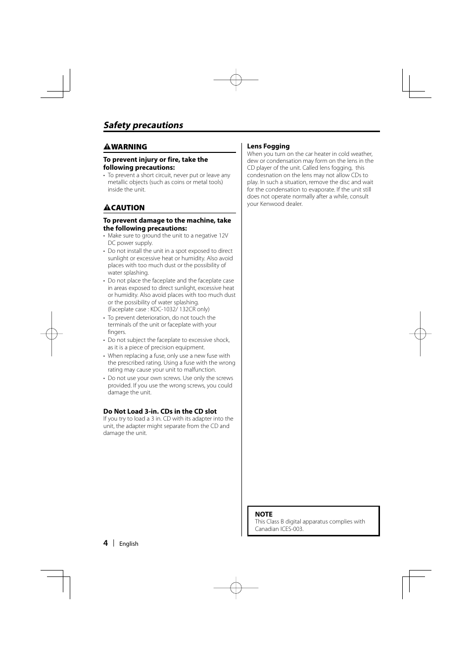 Safety precautions | Kenwood KDC-1032 User Manual | Page 4 / 22