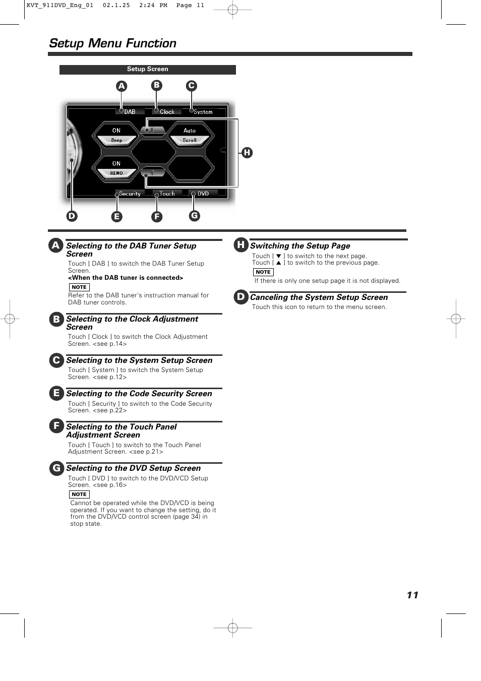 Setup menu function, Bc e f g | Kenwood KVT-911DVD User Manual | Page 11 / 68