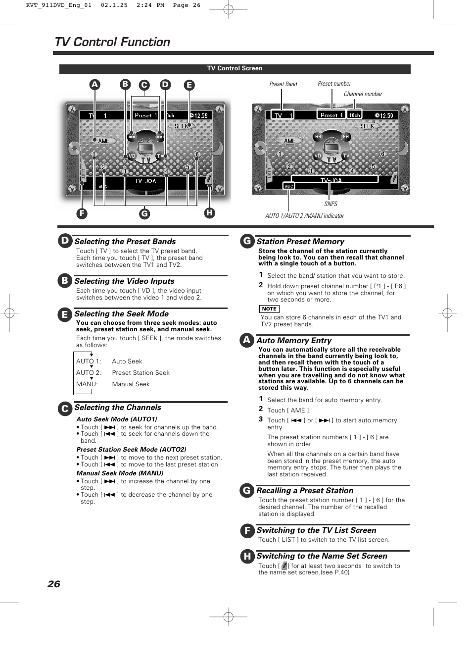 Tv control function | Kenwood KVT-911DVD User Manual | Page 26 / 68