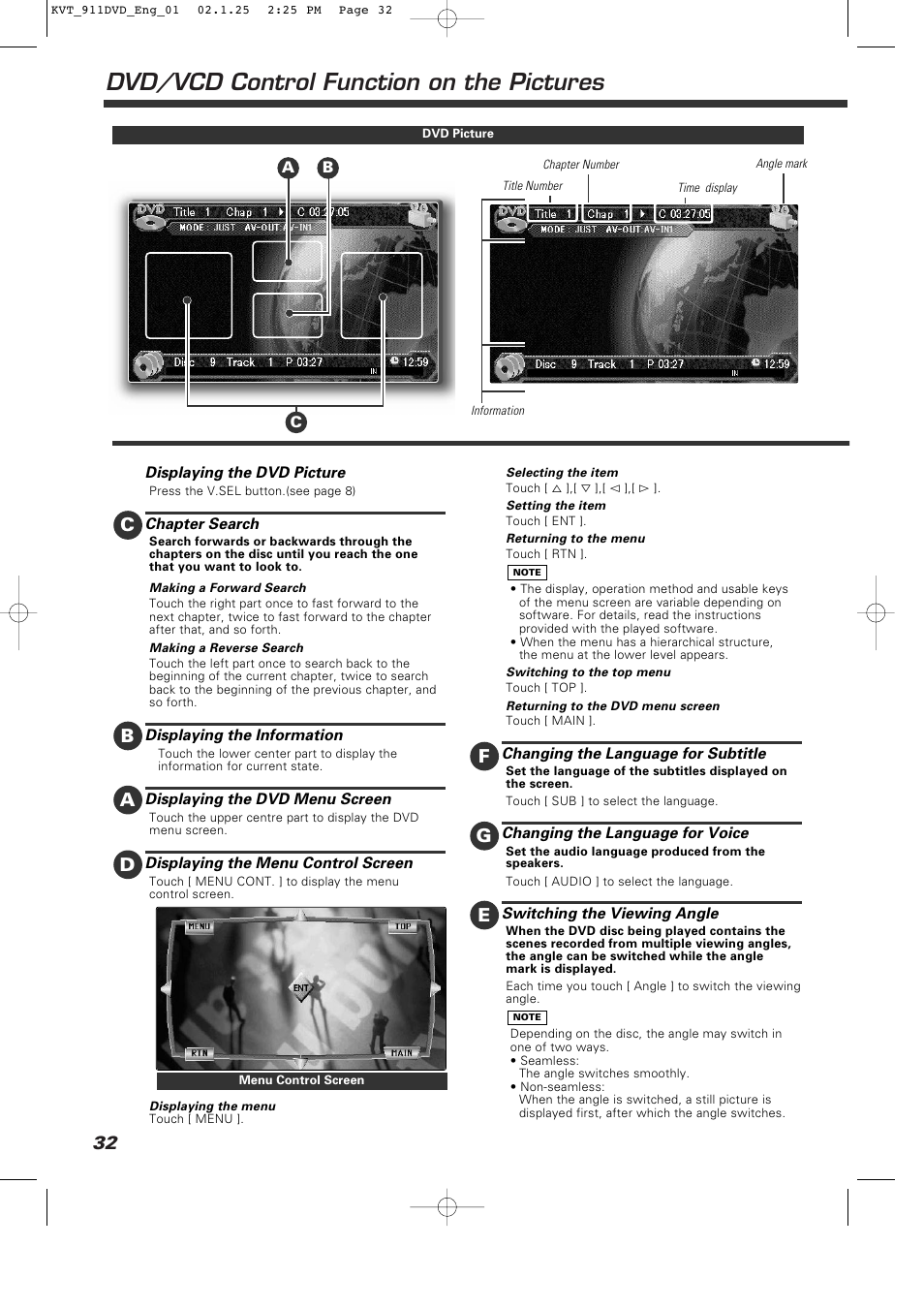 Dvd/vcd control function on the pictures, Ba g e | Kenwood KVT-911DVD User Manual | Page 32 / 68