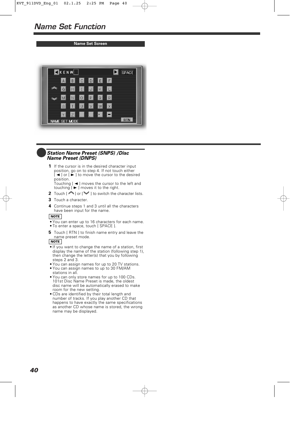 Name set function | Kenwood KVT-911DVD User Manual | Page 40 / 68