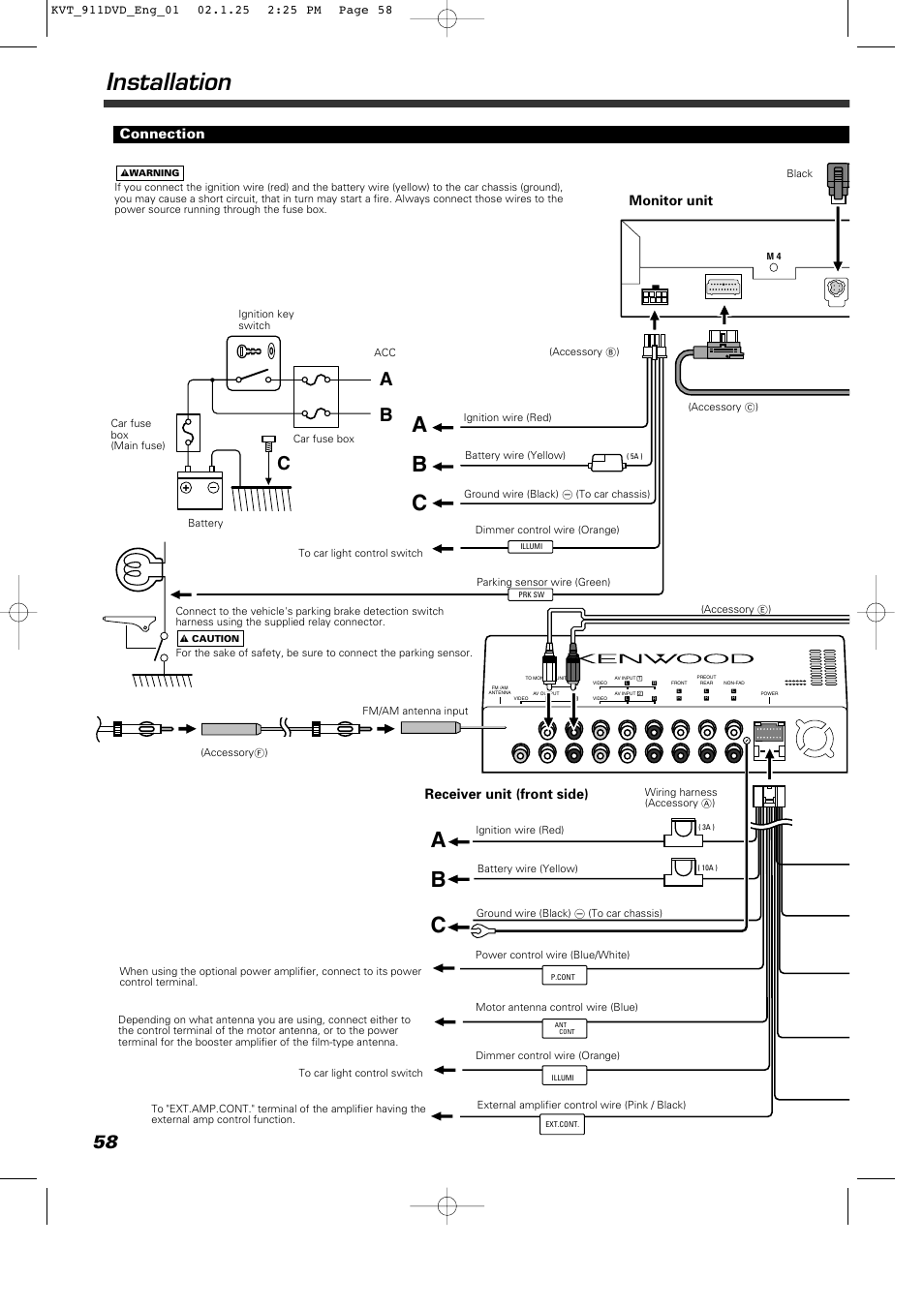 Installation, Ab c, Connection | Receiver unit (front side) monitor unit | Kenwood KVT-911DVD User Manual | Page 58 / 68