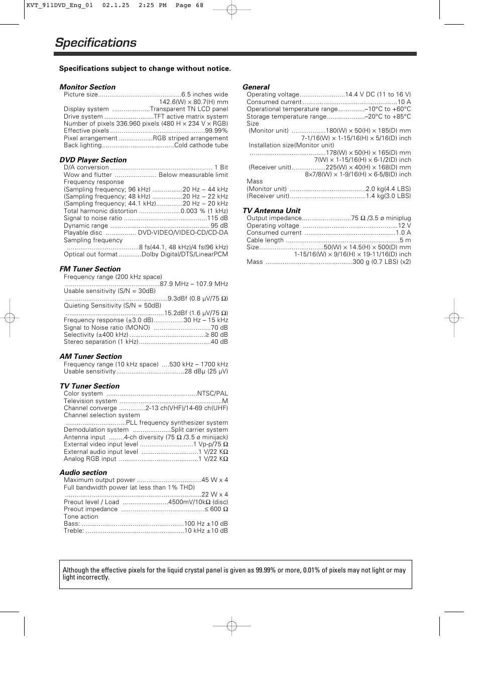 Specifications | Kenwood KVT-911DVD User Manual | Page 68 / 68