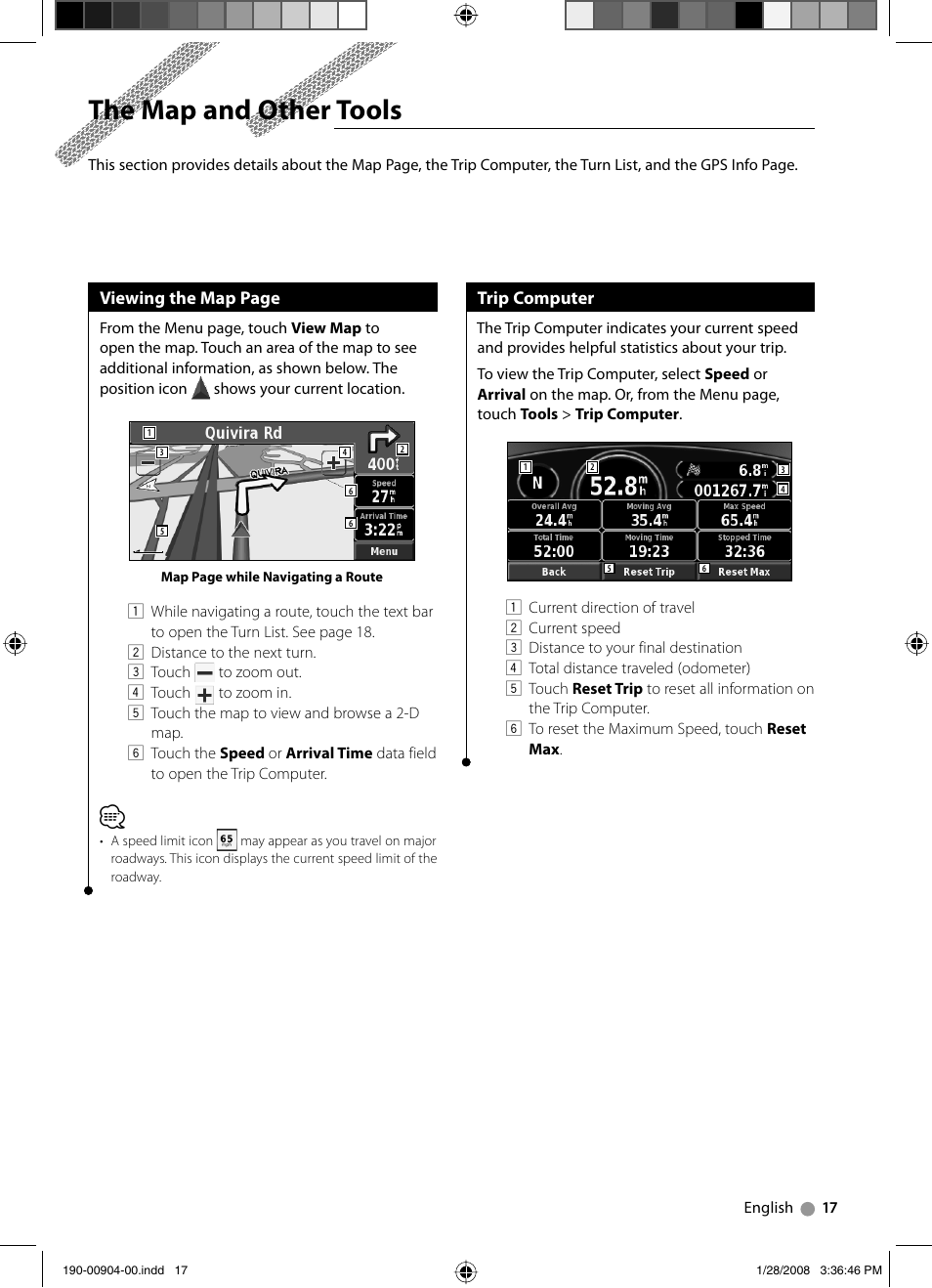 The map and other tools, Viewing the map page, Trip computer | Kenwood Excelon DNX8120 User Manual | Page 17 / 36