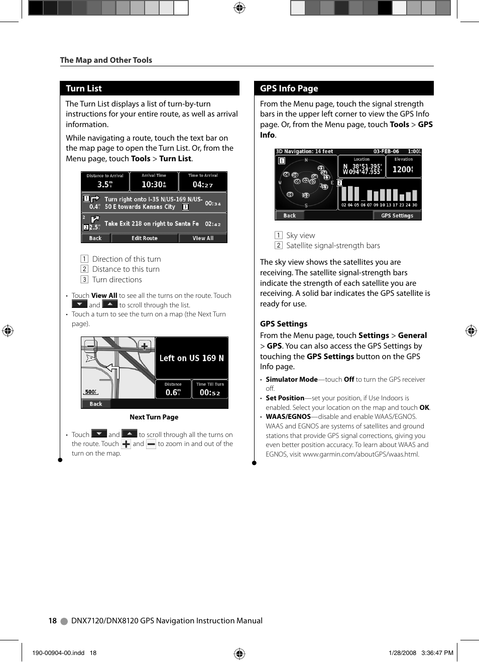 Turn list, Gps info page | Kenwood Excelon DNX8120 User Manual | Page 18 / 36