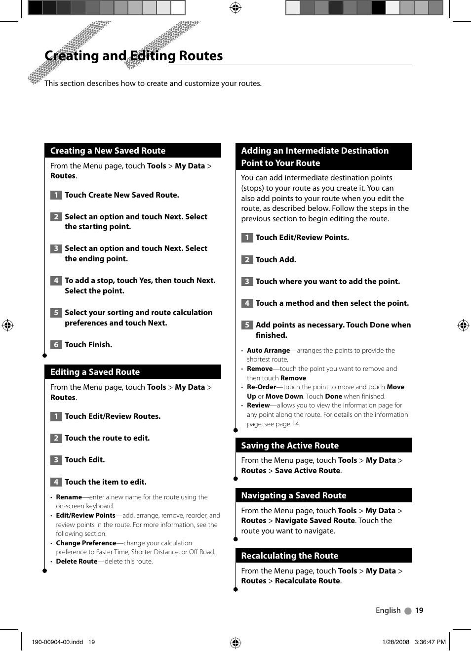Creating and editing routes | Kenwood Excelon DNX8120 User Manual | Page 19 / 36