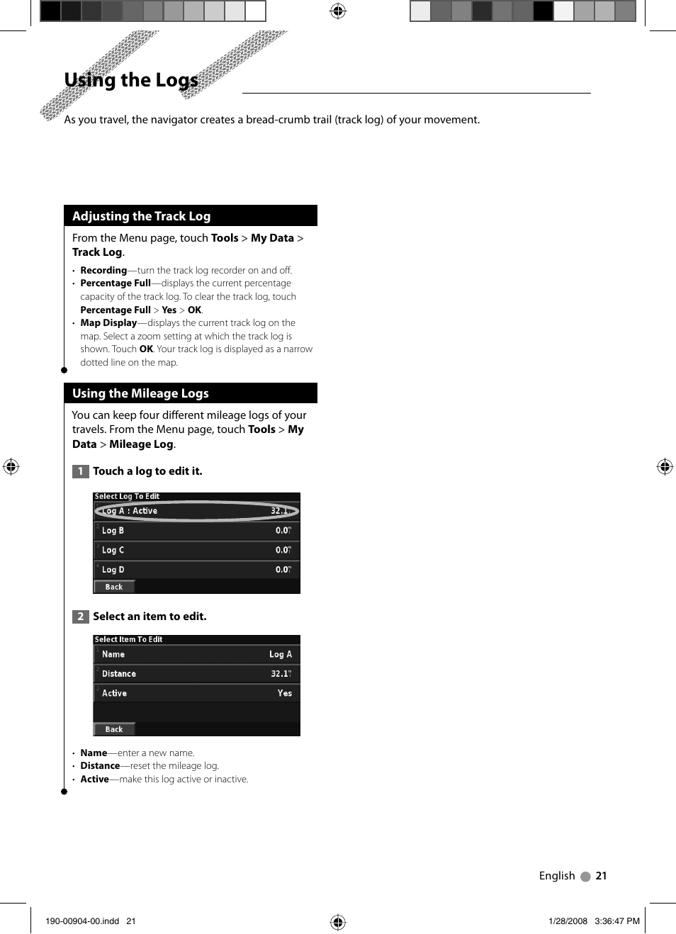 Using the logs | Kenwood Excelon DNX8120 User Manual | Page 21 / 36