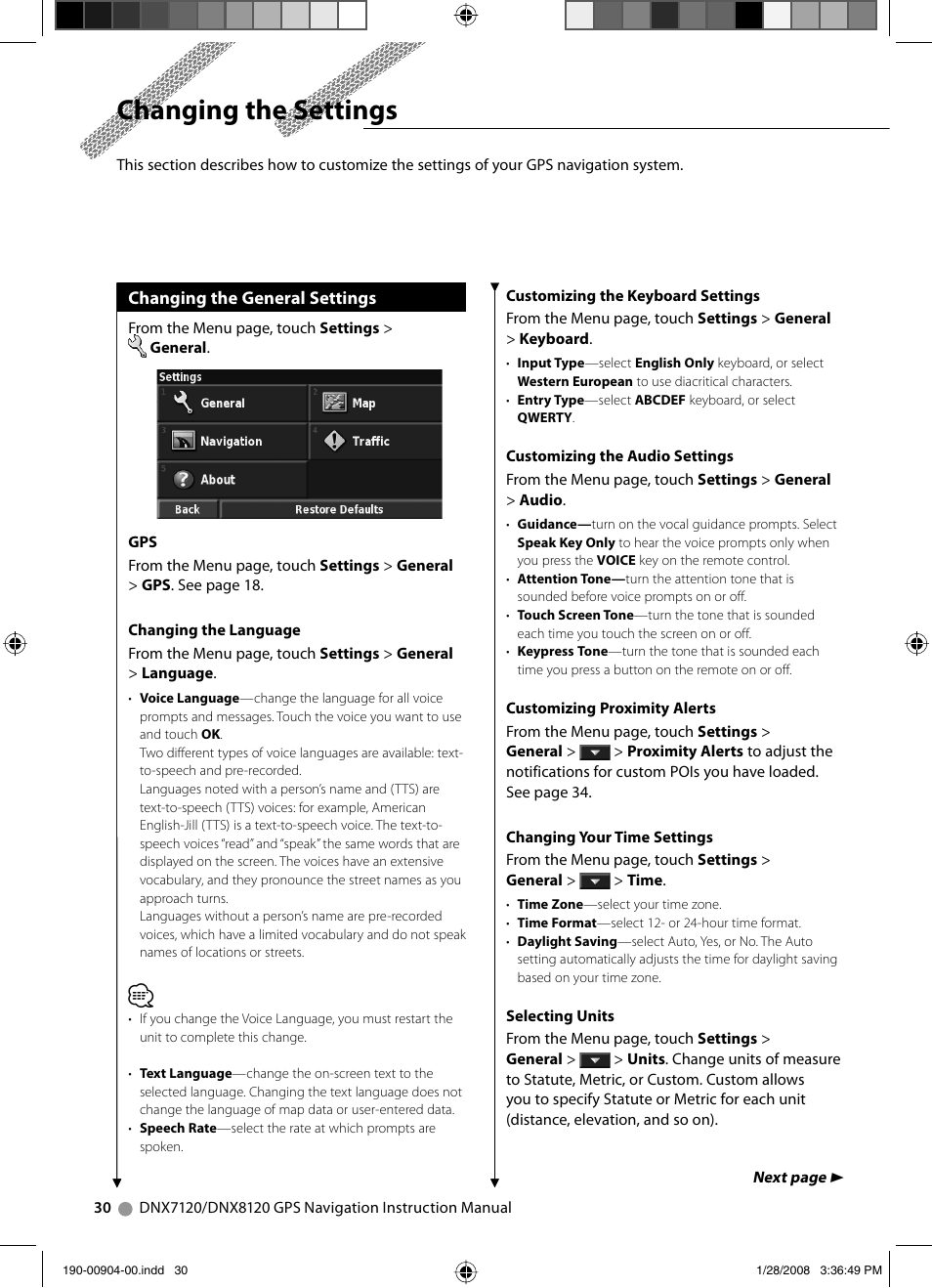 Changing the settings | Kenwood Excelon DNX8120 User Manual | Page 30 / 36