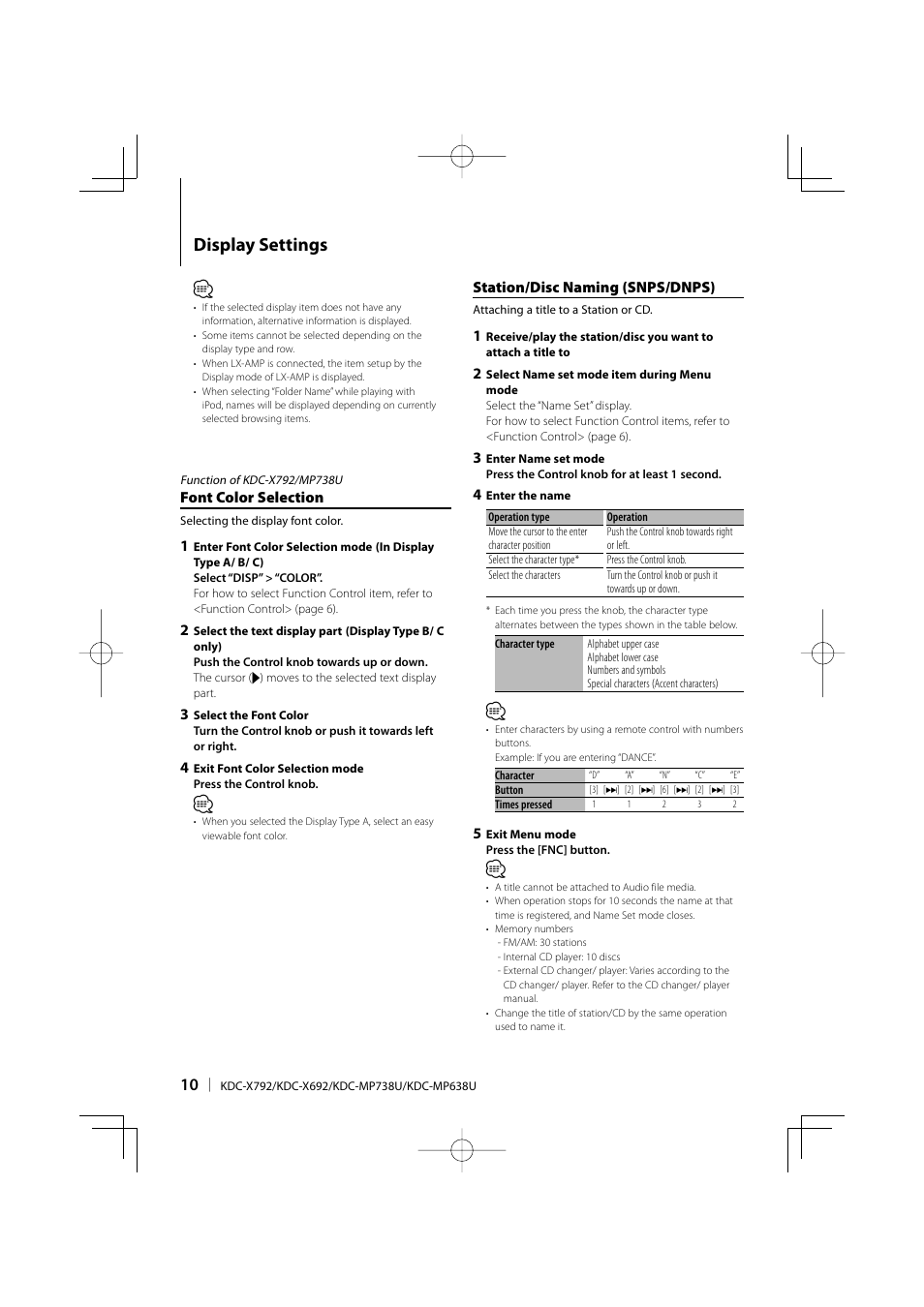 Display settings, Font color selection, Station/disc naming (snps/dnps) | Kenwood eXcelon KDC-X792 User Manual | Page 10 / 116