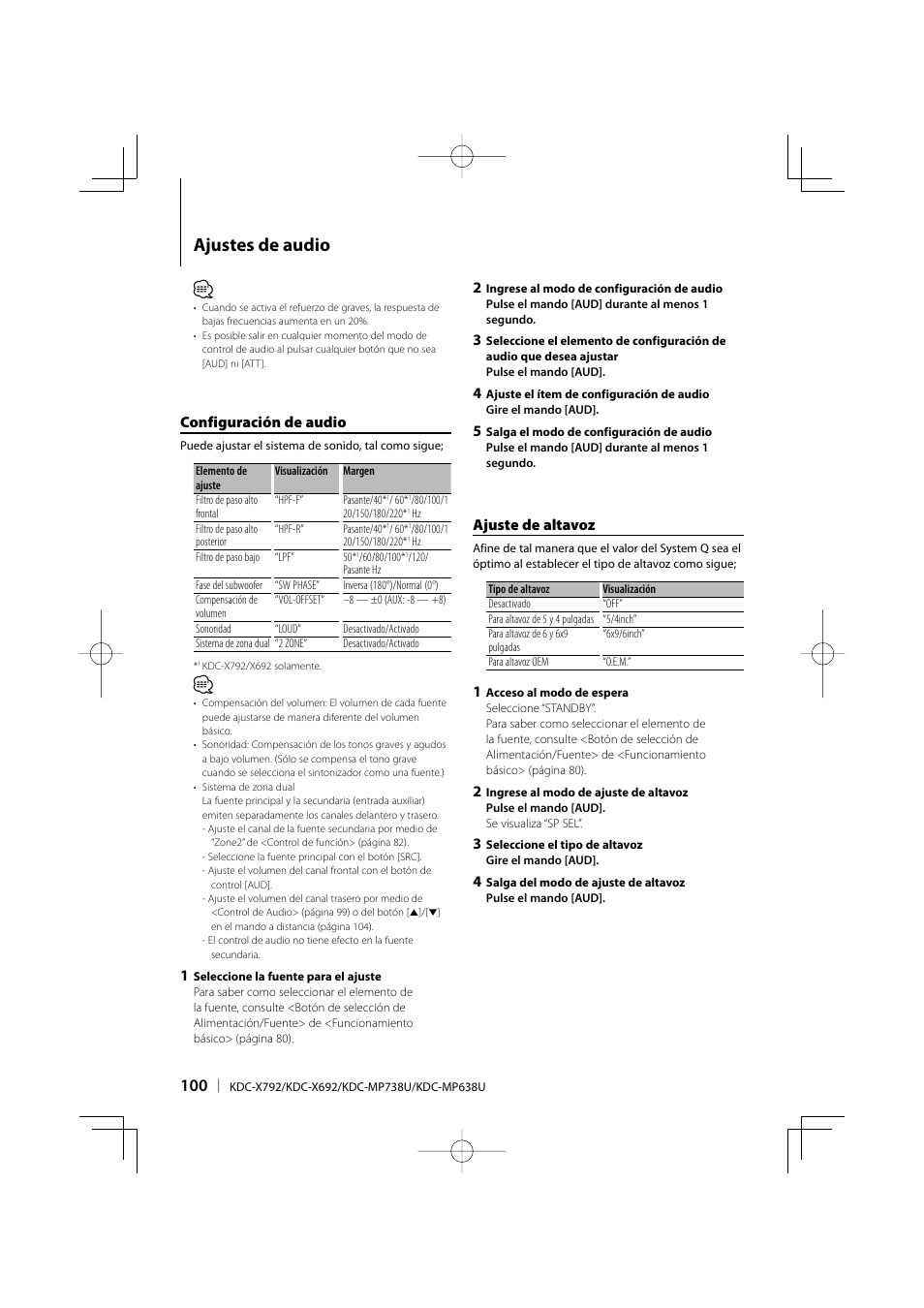 Ajustes de audio, Configuración de audio, Ajuste de altavoz | Kenwood eXcelon KDC-X792 User Manual | Page 100 / 116