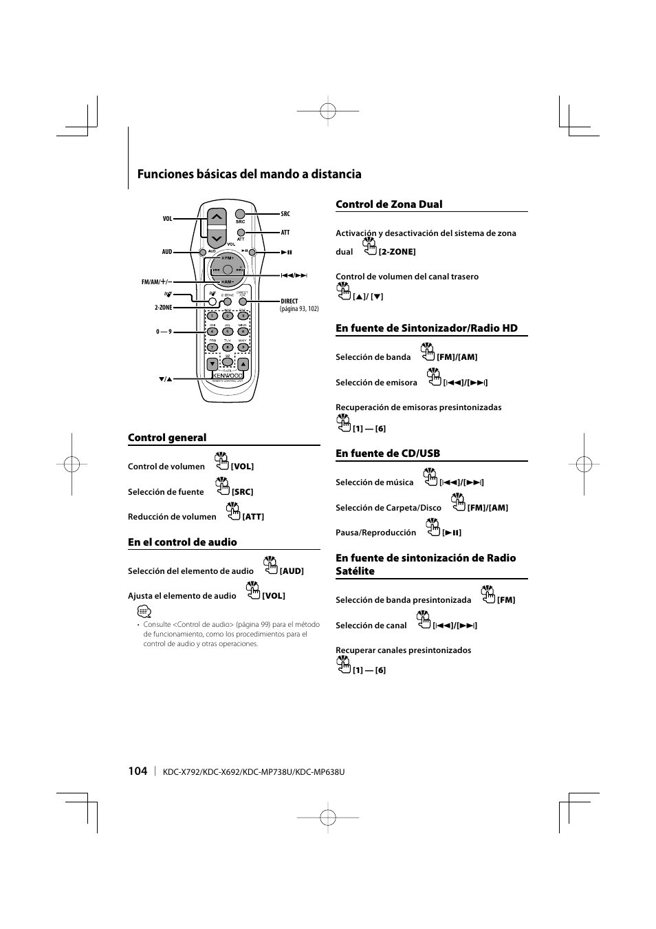 Funciones básicas del mando a distancia | Kenwood eXcelon KDC-X792 User Manual | Page 104 / 116