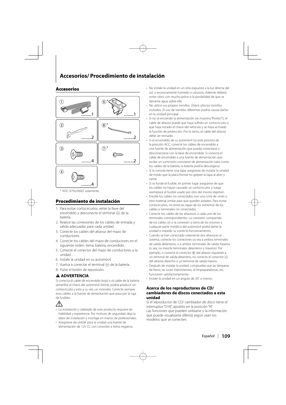 Accesorios/ procedimiento de instalación | Kenwood eXcelon KDC-X792 User Manual | Page 109 / 116