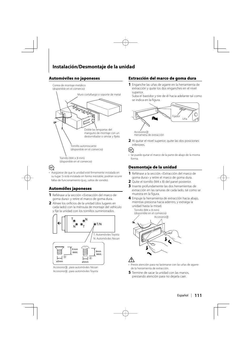 Instalación/desmontaje de la unidad | Kenwood eXcelon KDC-X792 User Manual | Page 111 / 116