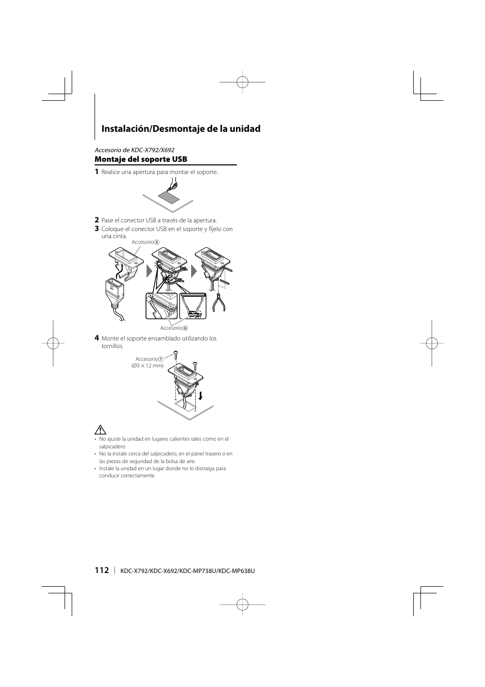 Instalación/desmontaje de la unidad | Kenwood eXcelon KDC-X792 User Manual | Page 112 / 116