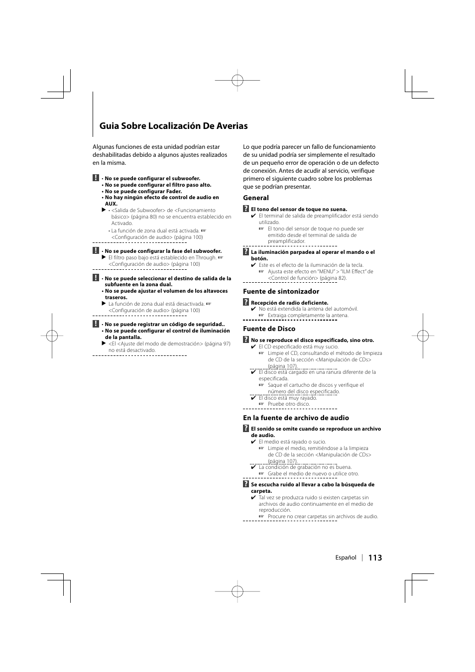 Guia sobre localización de averias | Kenwood eXcelon KDC-X792 User Manual | Page 113 / 116