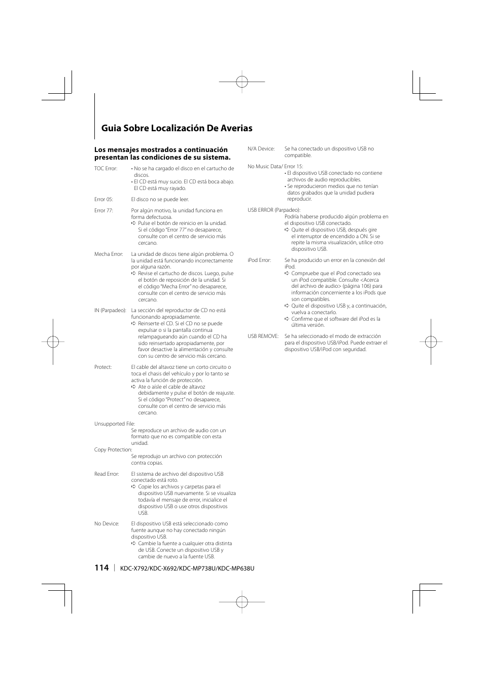 Guia sobre localización de averias | Kenwood eXcelon KDC-X792 User Manual | Page 114 / 116