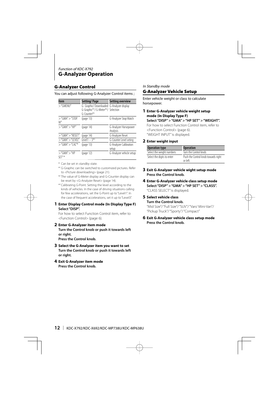 G-analyzer operation, G-analyzer control, G-analyzer vehicle setup | Kenwood eXcelon KDC-X792 User Manual | Page 12 / 116