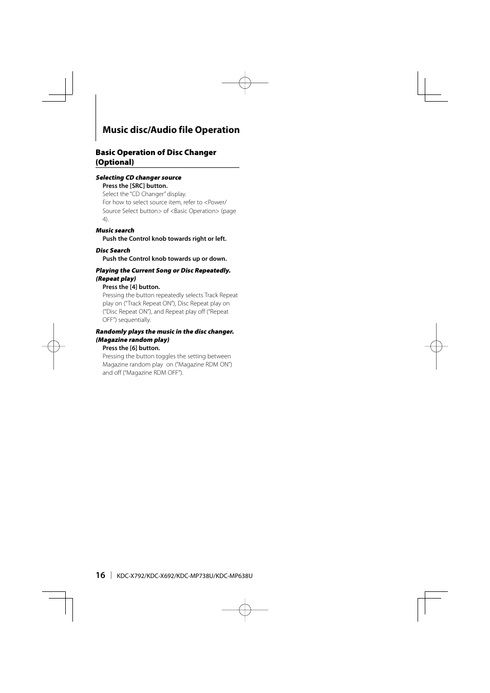 Music disc/audio file operation | Kenwood eXcelon KDC-X792 User Manual | Page 16 / 116