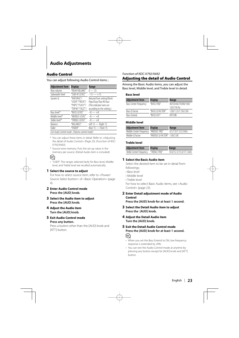 Audio adjustments | Kenwood eXcelon KDC-X792 User Manual | Page 23 / 116