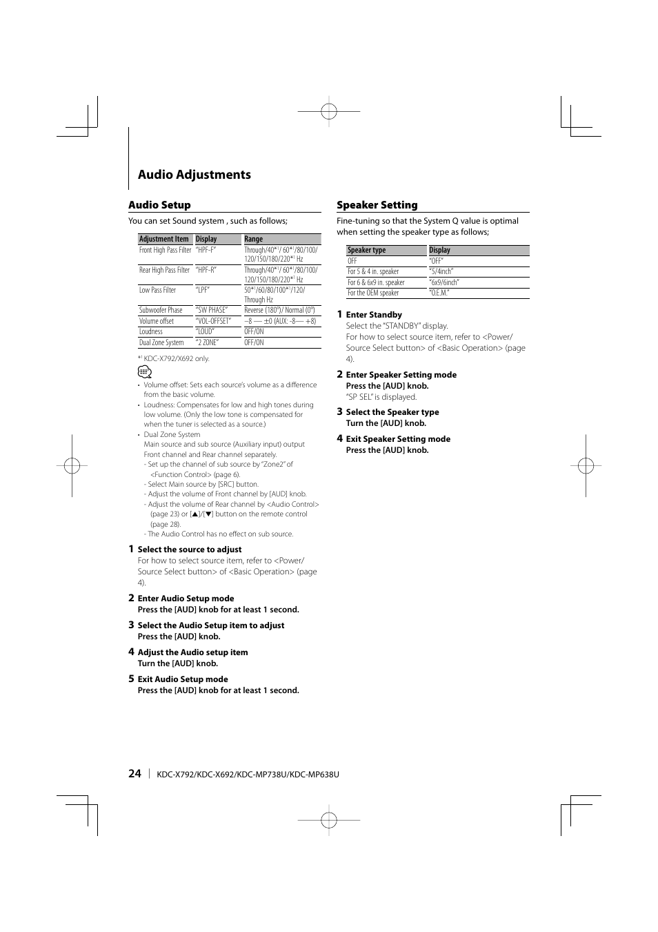 Audio adjustments, Audio setup, Speaker setting | Kenwood eXcelon KDC-X792 User Manual | Page 24 / 116